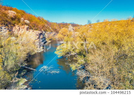 Mountain landscape. Aerial view of a mountain river in early spring 104496215