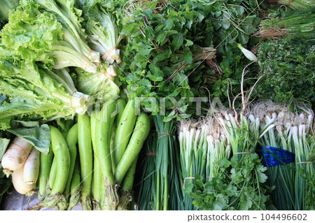 Top view of many kind of tropical vegetables for sale at Thai market 104496602