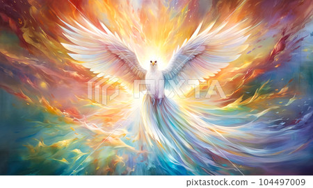 Watercolor style illustration of a white bird flying in a rainbow world "AI generated image" 104497009