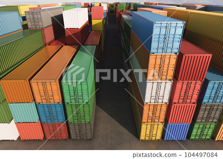 Cargo containers of different colors for logistics import-export business Cargo containers of different colors for logistics import-export business 104497084