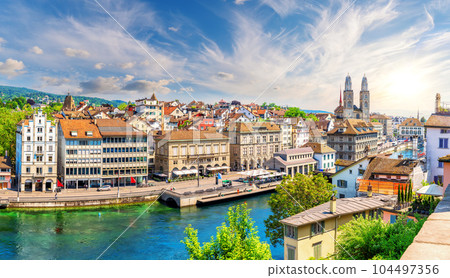Aerial sunset panorama on the downtown of Zurich, Switzerland Aerial sunset panorama on the downtown of Zurich, Switzerland 104497356