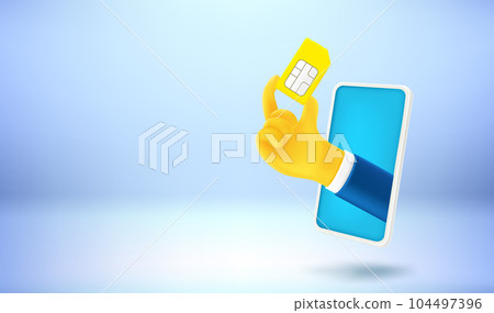 Smartphone and hand holding gold sim card. 3d vector banner with copy space 104497396