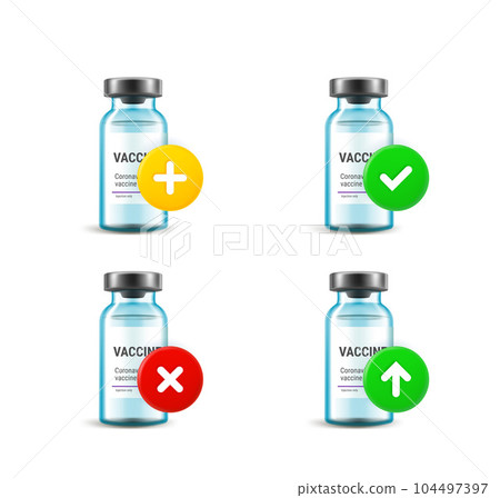Vaccine vial set with different pictograms. 3d vector icons set 104497397