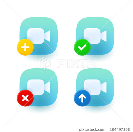 Video camera icon set with different pictograms. 3d vector icons set 104497398