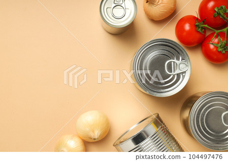 Canned food in blank metal jars, concept of canned food 104497476