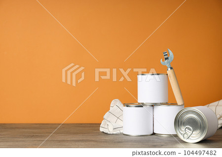 Canned food in blank metal jars, concept of canned food 104497482