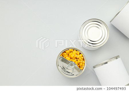 Canned food in blank metal jars, concept of canned food 104497493