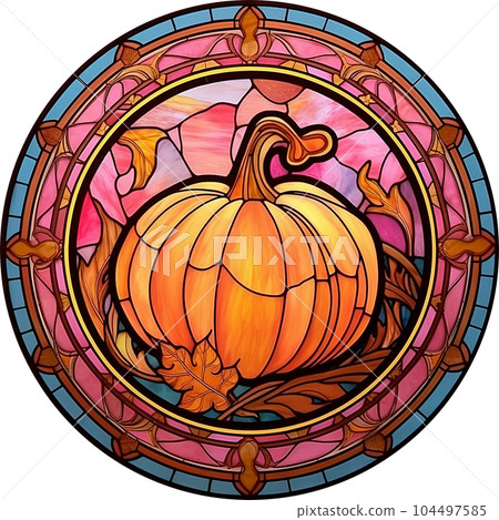 Fantasy Stained Glass Art Vintage Pumpkins Illustration Clipart. 104497585