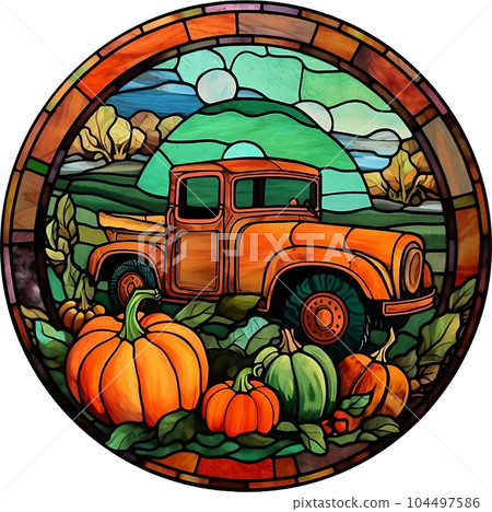 Fantasy Stained Glass Art Vintage Pumpkins Illustration Clipart. 104497586