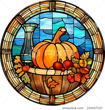 Fantasy Stained Glass Art Vintage Pumpkins Illustration Clipart. 104497587