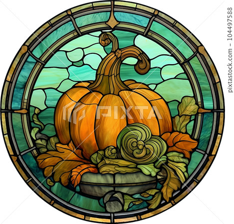 Fantasy Stained Glass Art Vintage Pumpkins Illustration Clipart. 104497588