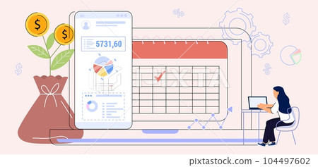 Financial planning app for earnings and expenses control Budget planning Cost optimization Budget management in mobile app Synchroniz computer Vector illustration flat Concept finance accounting. Tax Financial planning app for earnings and expenses control Budget planning Cost optimization Budget management in mobile app Synchroniz computer Vector illustration flat Concept finance accounting. Tax 104497602
