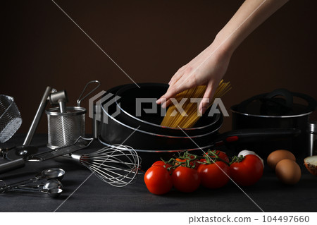 Concept of kitchen supplies and kitchen dish Concept of kitchen supplies and kitchen dish 104497660