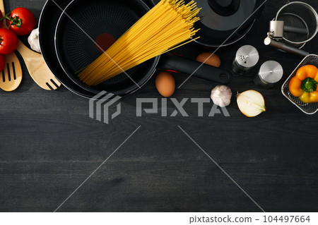 Concept of kitchen supplies and kitchen dish Concept of kitchen supplies and kitchen dish 104497664