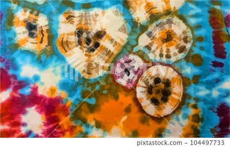 Tie dye background Geometric pattern texture Coral 70s fabric Vector illustration Psychedelic hippie light Shibori Batik brush seamless and repeat design Paint splatter spiral Colorful, groovy 104497733