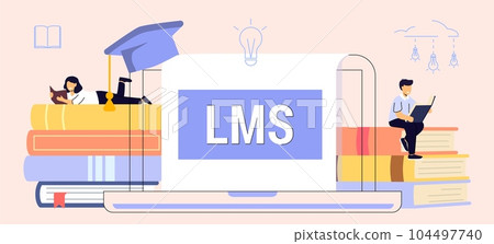 LMS Learning Management System software application concept Educational online training for skill administration, documentation, tracking, reports and delivery Piles of textbooks Vector illustration 104497740