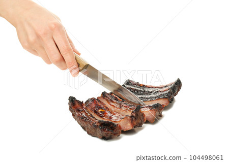 PNG, Tasty BBQ meat isolated on white background PNG, Tasty BBQ meat isolated on white background 104498061