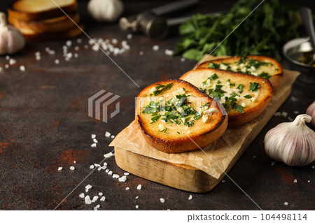 Tasty toasts with garlic, homemade products appetizer 104498114