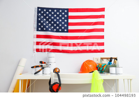 Concept of different work accessories, engineering supplies and tools 104498193