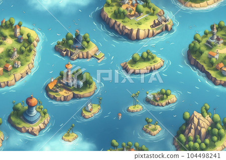 AI generative cartoon seamless pattern background of small islands in sea 104498241