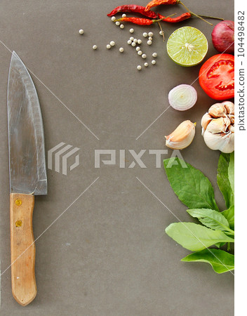 Fresh ingredients for cooking are on wooden background with copy space. Displayed to be the recipe banner. Fresh ingredients for cooking are on wooden background with copy space. Displayed to be the recipe banner. 104498482