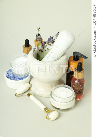 Concept of skin and face care, lavender cosmetic Concept of skin and face care, lavender cosmetic 104498517