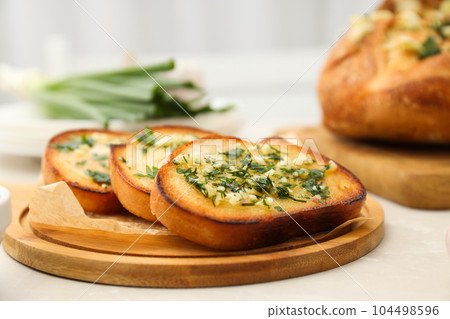 Tasty toasts with garlic, homemade products appetizer Tasty toasts with garlic, homemade products appetizer 104498596