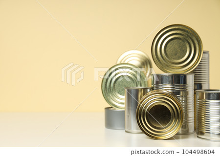 Canned food in blank metal jars, concept of canned food 104498604