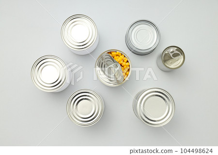 Canned food in blank metal jars, concept of canned food 104498624