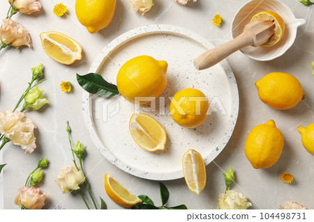 Concept of citrus fruit - lemon, top view Concept of citrus fruit - lemon, top view 104498731