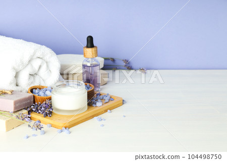 Concept of skin and face care, lavender cosmetic Concept of skin and face care, lavender cosmetic 104498750