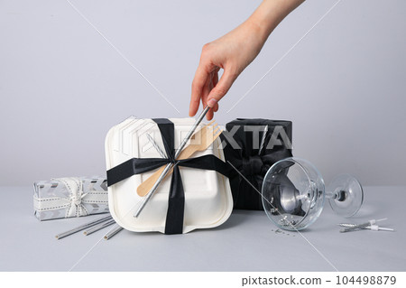 Concept of congratulation and celebration with bento cake in box 104498879