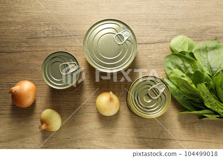 Canned food in blank metal jars, concept of canned food 104499018