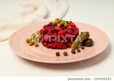 Concept of tasty food, cold dish - Vinaigrette salad 104499103