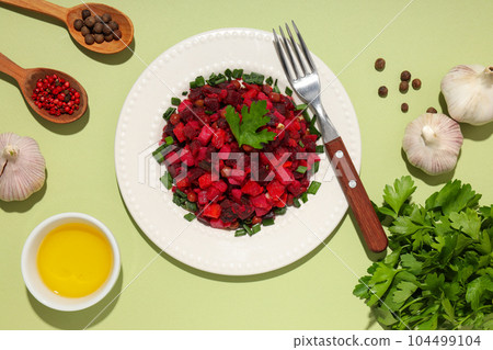Concept of tasty food, cold dish - Vinaigrette salad 104499104