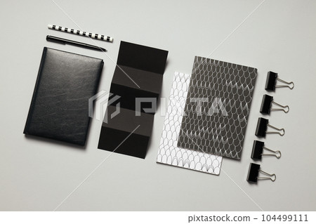 Mockup flat lay with different office accessories on light gray background Mockup flat lay with different office accessories on light gray background 104499111