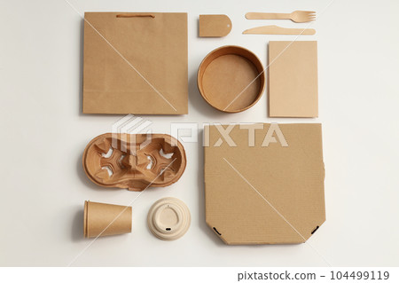Disposable blank tableware for food delivery on white background Disposable blank tableware for food delivery on white background 104499119