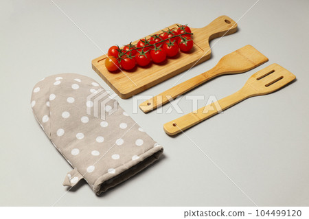 Flat lay with kitchen accessories on light gray background Flat lay with kitchen accessories on light gray background 104499120