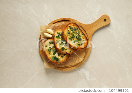 Tasty toasts with garlic, homemade products appetizer 104499301