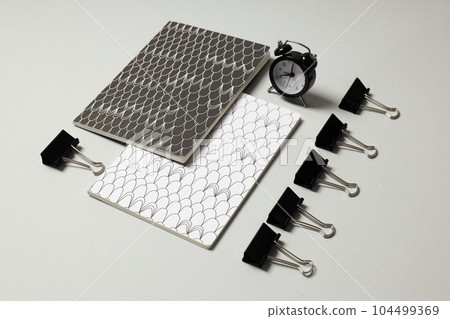 Mockup flat lay with different office accessories on light gray background Mockup flat lay with different office accessories on light gray background 104499369
