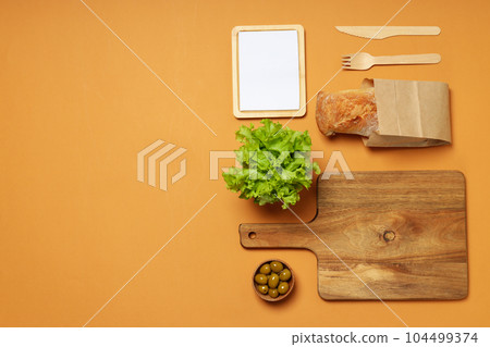 Mockup flat lay with cooking accessories, recipe concept, on beige background 104499374