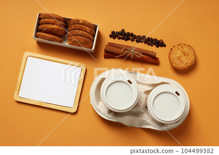 Mockup flat lay with different freelance accessories on beige background 104499382