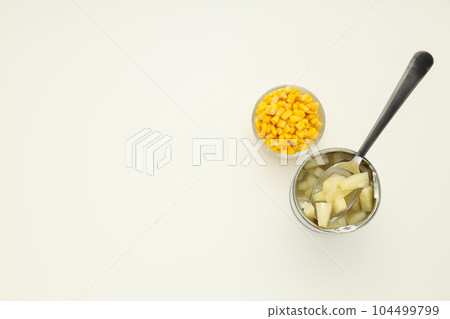 Ingredients for cooking salad, corn seeds and canned pineapple Ingredients for cooking salad, corn seeds and canned pineapple 104499799