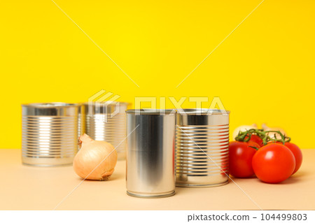 Canned food in blank metal jars, concept of canned food 104499803