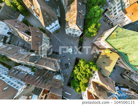 Aerial Top View Drone Shot of the city of Colmar in Alsace France. Krutenau Square. Quiet streets at sunny Morning. 104500115