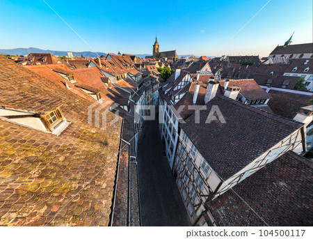 Aerial Drone Shot of the city of Colmar in Alsace France. Quiet streets at sunny Morning. Quartier des Tanneurs Aerial Drone Shot of the city of Colmar in Alsace France. Quiet streets at sunny Morning. Quartier des Tanneurs 104500117
