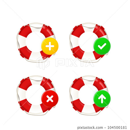 Lifebuoy icons set with different pictograms. 3d vector icons set isolated on white background 104500181
