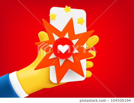 Businessman holding smartphone with heart sign on the screen. 3d vector illustration 104500194