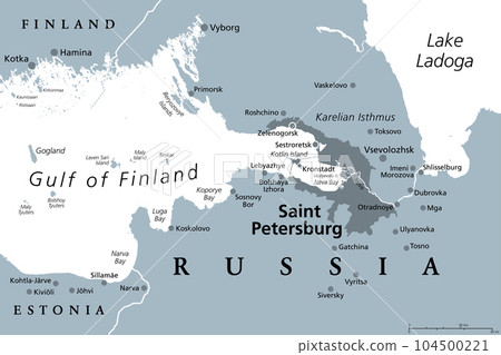 Saint Petersburg area, gray political map. Second-largest city in Russia, formerly known as Petrograd and later Leningrad. Situated on the Neva River, at the head of Gulf of Finland in the Baltic Sea. Saint Petersburg area, gray political map. Second-largest city in Russia, formerly known as Petrograd and later Leningrad. Situated on the Neva River, at the head of Gulf of Finland in the Baltic Sea. 104500221