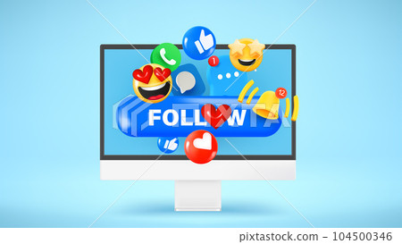 Modern computer with social media icons. 3d vector illustration 104500346
